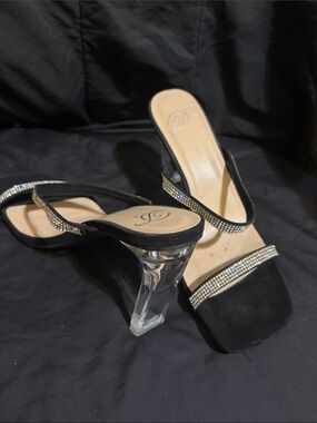 Delicious Black Rhinestone-Embellished Clear Heel Slide Mules